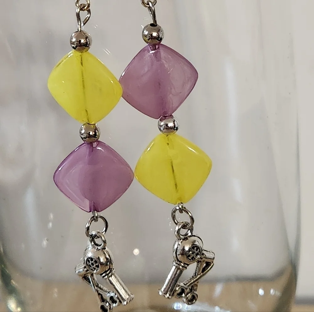 Lavender and Yellow Bead Earrings With Silver Blow Dryer And Scissors Charm